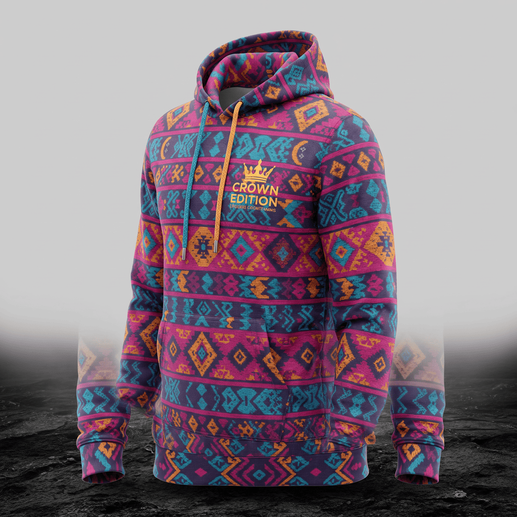 Purple hoodie with colorful Aztec geometric patterns, yellow Crown Edition chest logo, and contrasting drawstrings.