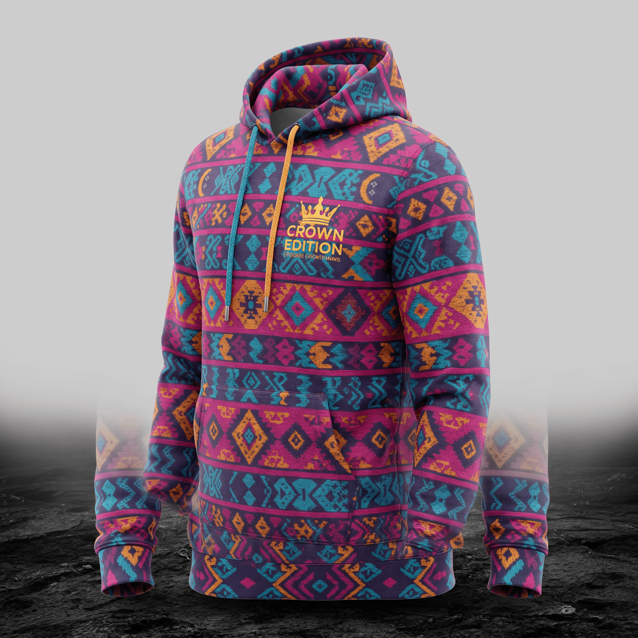 Purple hoodie with aztec print and crown edition logo on the chest.