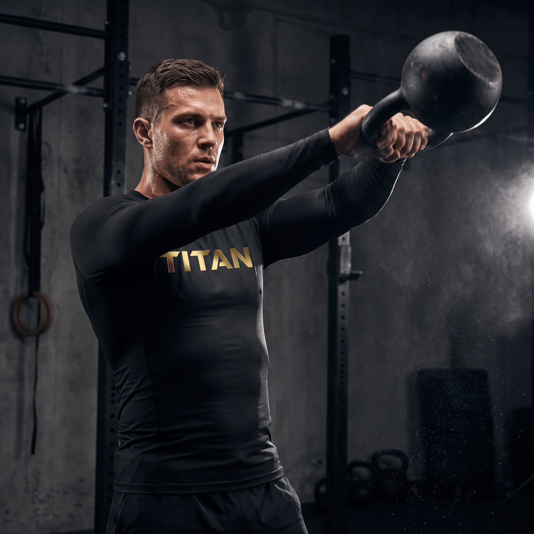 Male athlete performing a kettlebell swing wearing black and gold TITAN Elite Performance long sleeve compression shirt