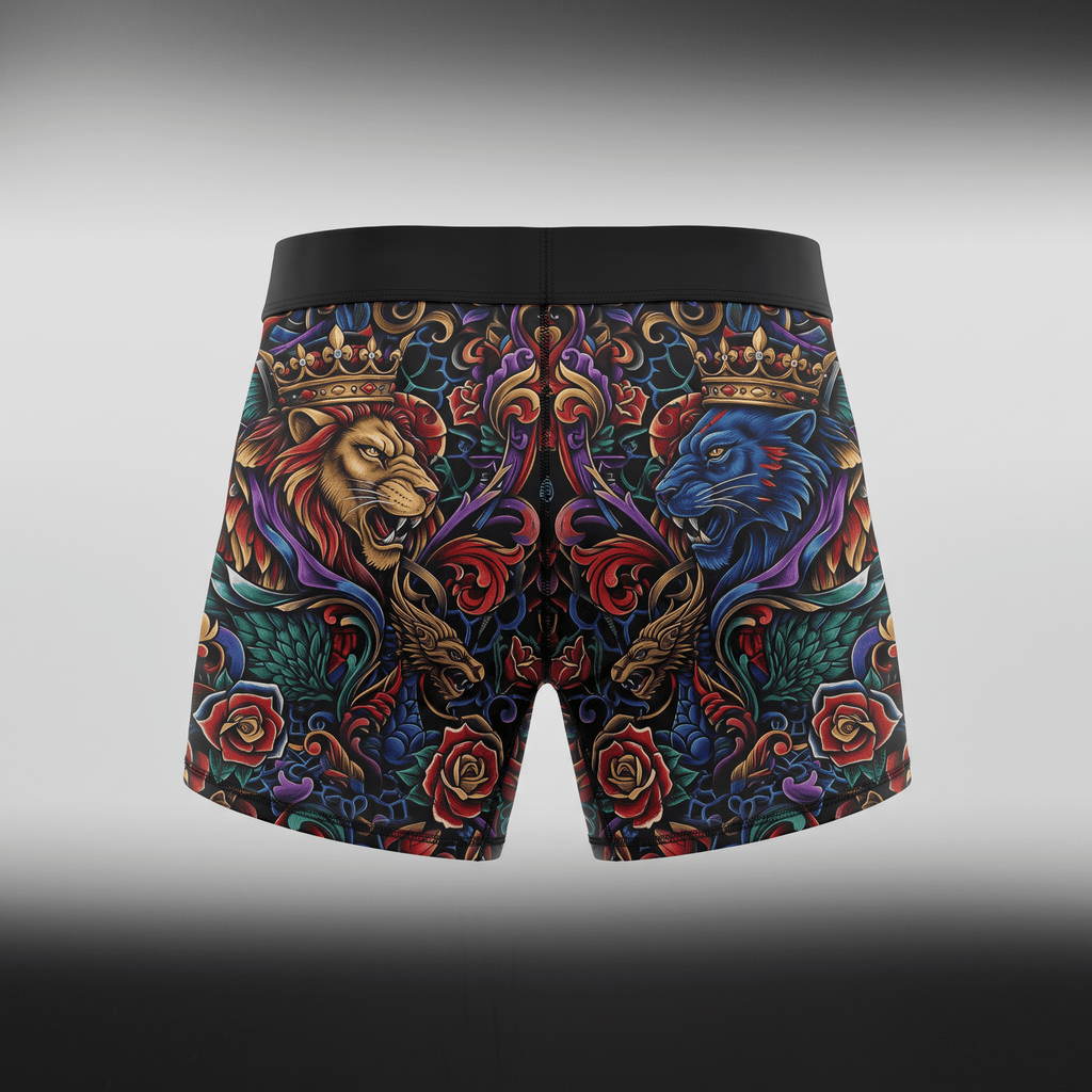 Mens boxer briefs with a colorful crowned lion and tiger tattoo art print over a black waistband.