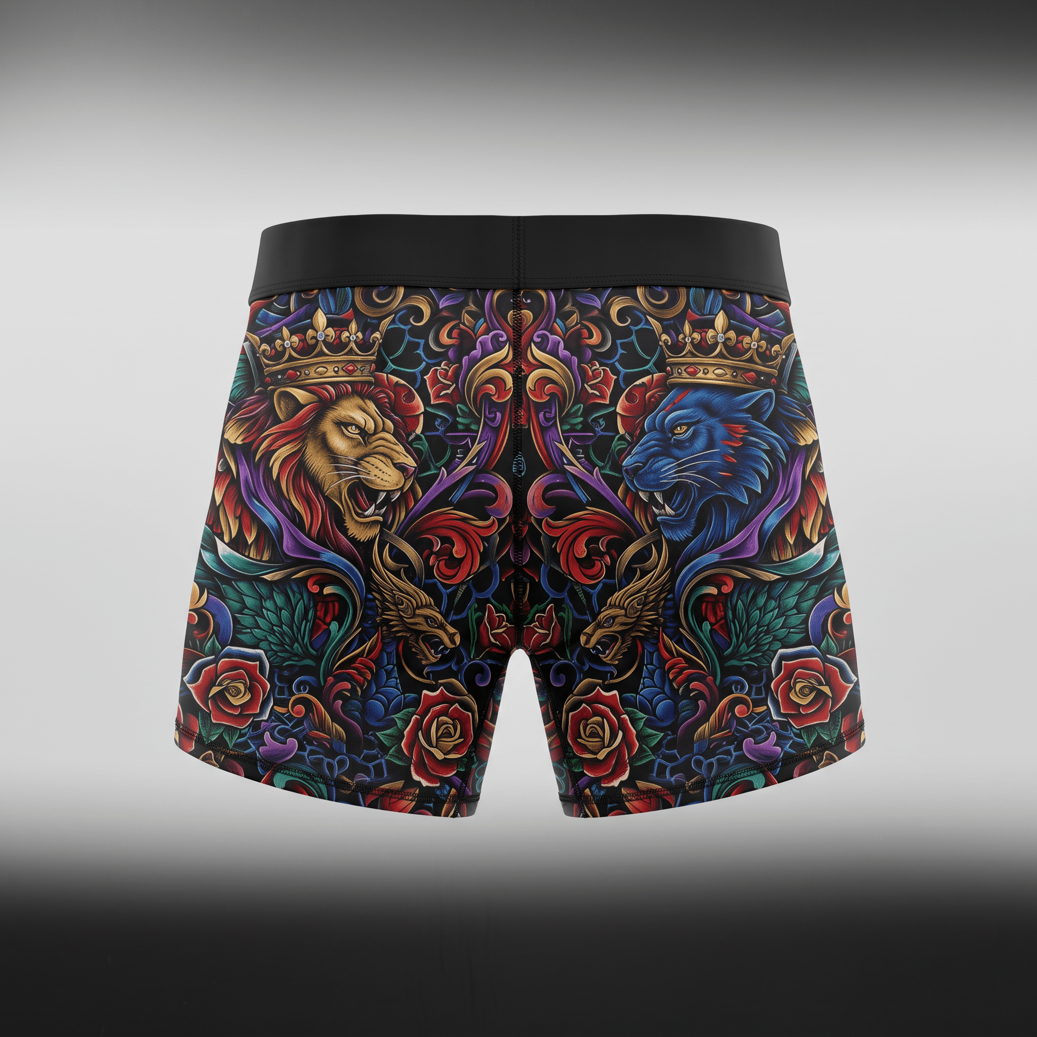 Mens boxer briefs with a colorful crowned lion and tiger tattoo art print over a black waistband.