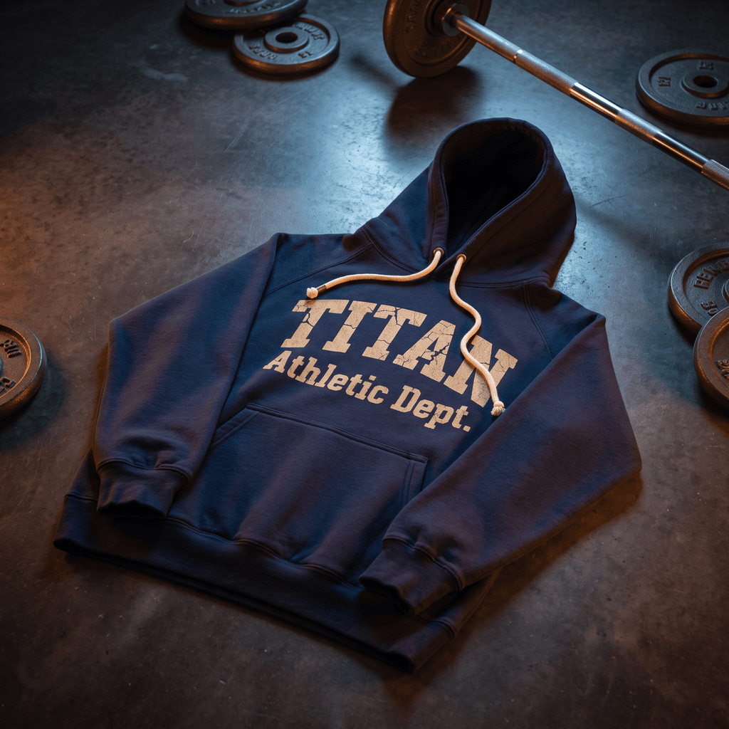 Navy blue hoodie with "TITAN Athletic Dept." white text, laid on gym floor near weight plates and a barbell.