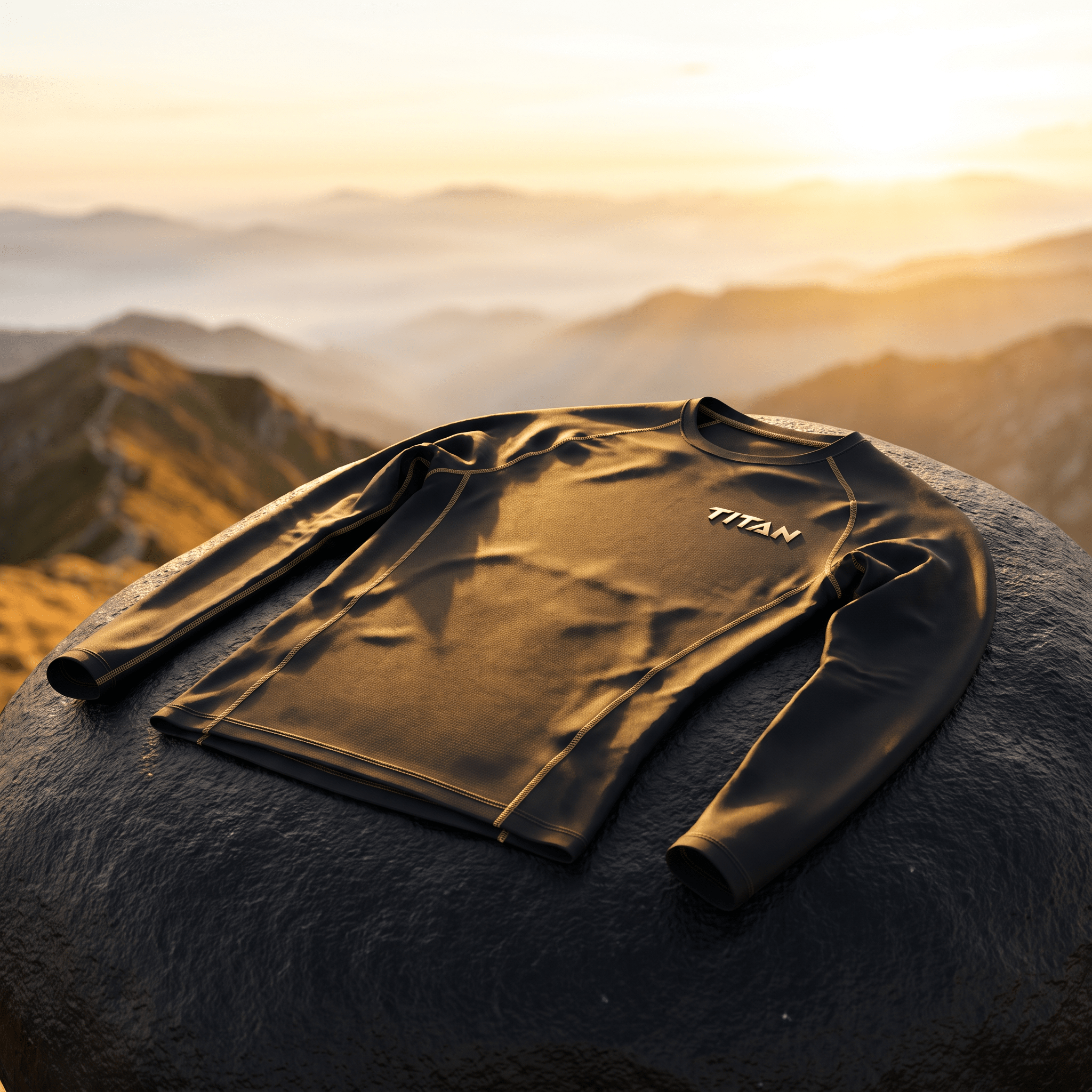 Black long-sleeve athletic compression shirt with gold stitching and "TITAN" logo, resting on a rock at sunset.