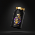 Black bottle with gold cap, featuring a crown over a lightning bolt and purple energy on a dark background.