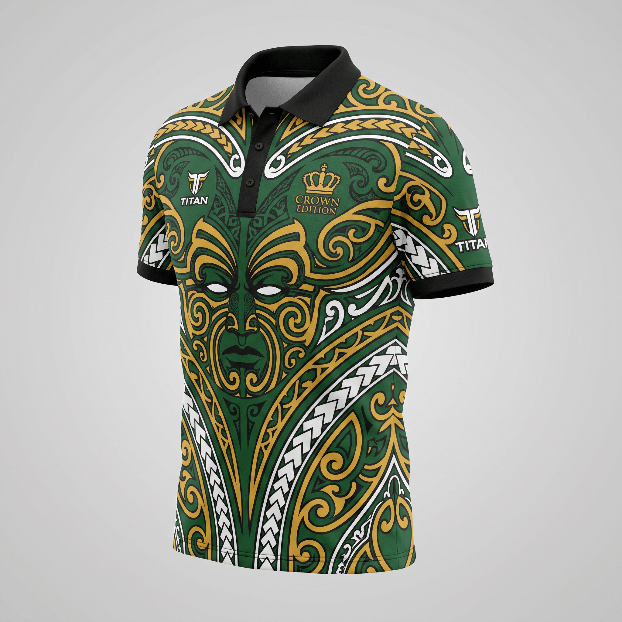 Green polo shirt with gold and white Polynesian tribal tattoo print, black collar, and crown logo.