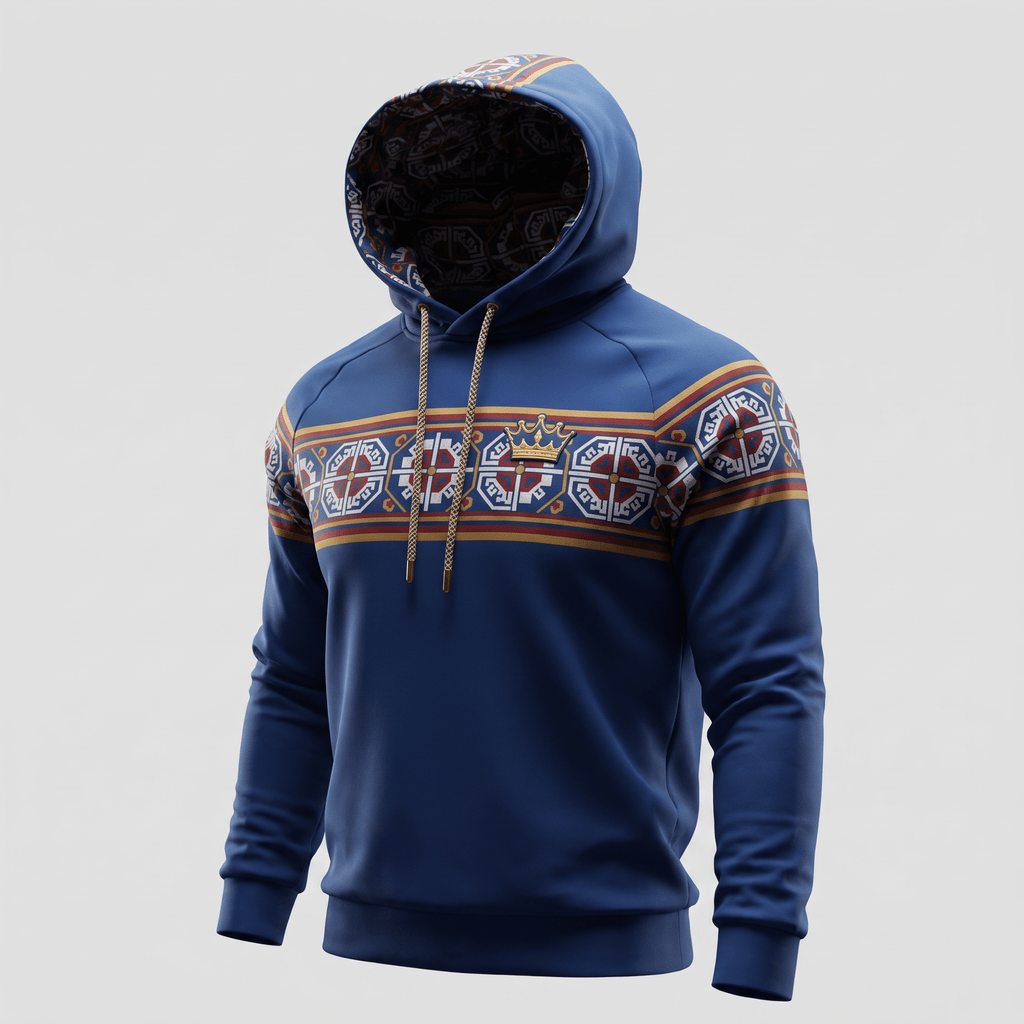 Blue hoodie with a patterned chest band, crown emblem, lined hood, and patterned drawstrings on a light gray background.