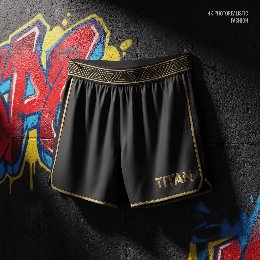 Black athletic shorts with gold trim, a triangular pattern waistband, and a gold "TITAN" logo hanging on a graffiti wall.