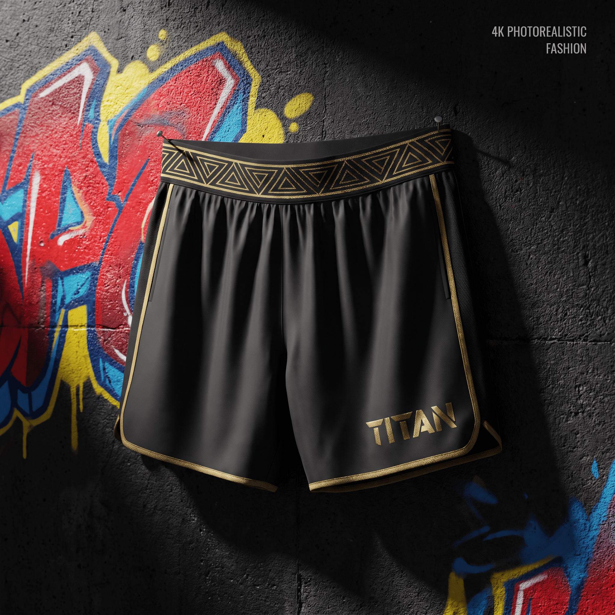 Black athletic shorts with gold trim, a triangular pattern waistband, and a gold "TITAN" logo hanging on a graffiti wall.