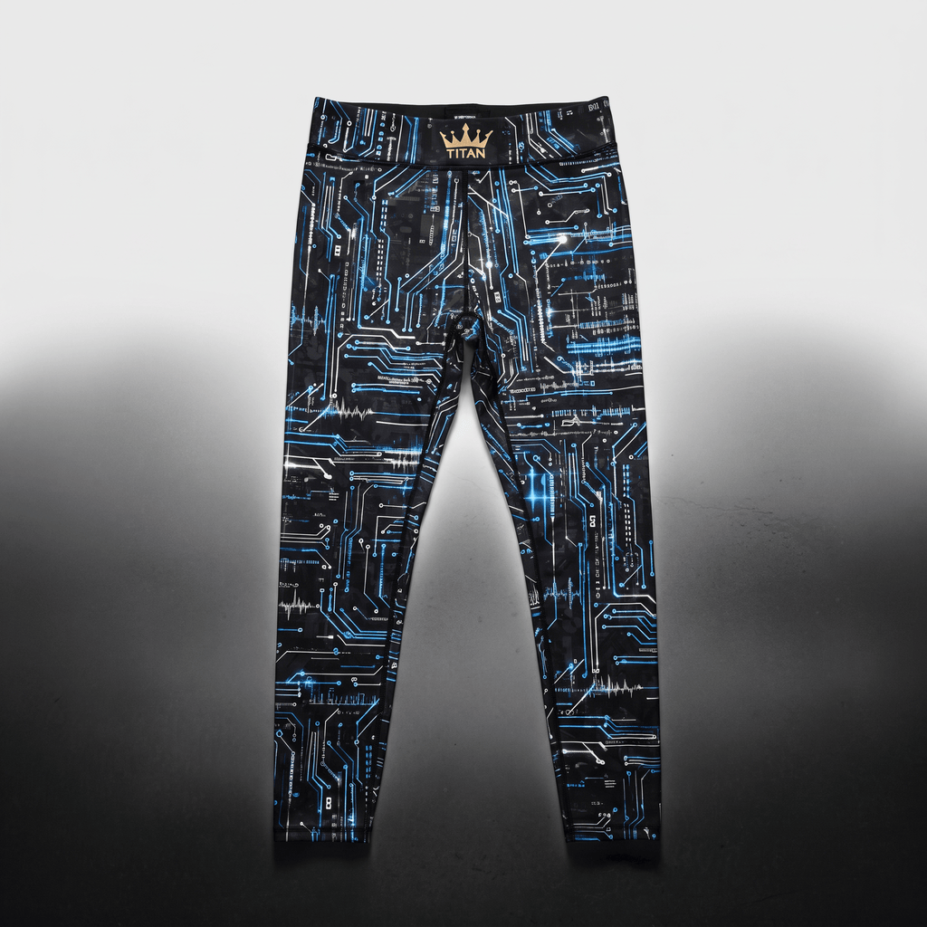 Black athletic leggings featuring a blue circuit board print and a gold crown logo on the waistband.