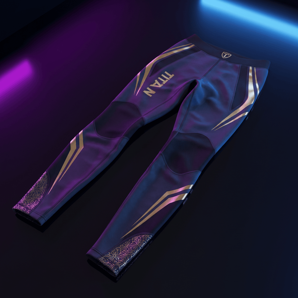 Dark blue athletic leggings with gold accent stripes, "TITAN" branding, and geometric patterns at the cuffs.