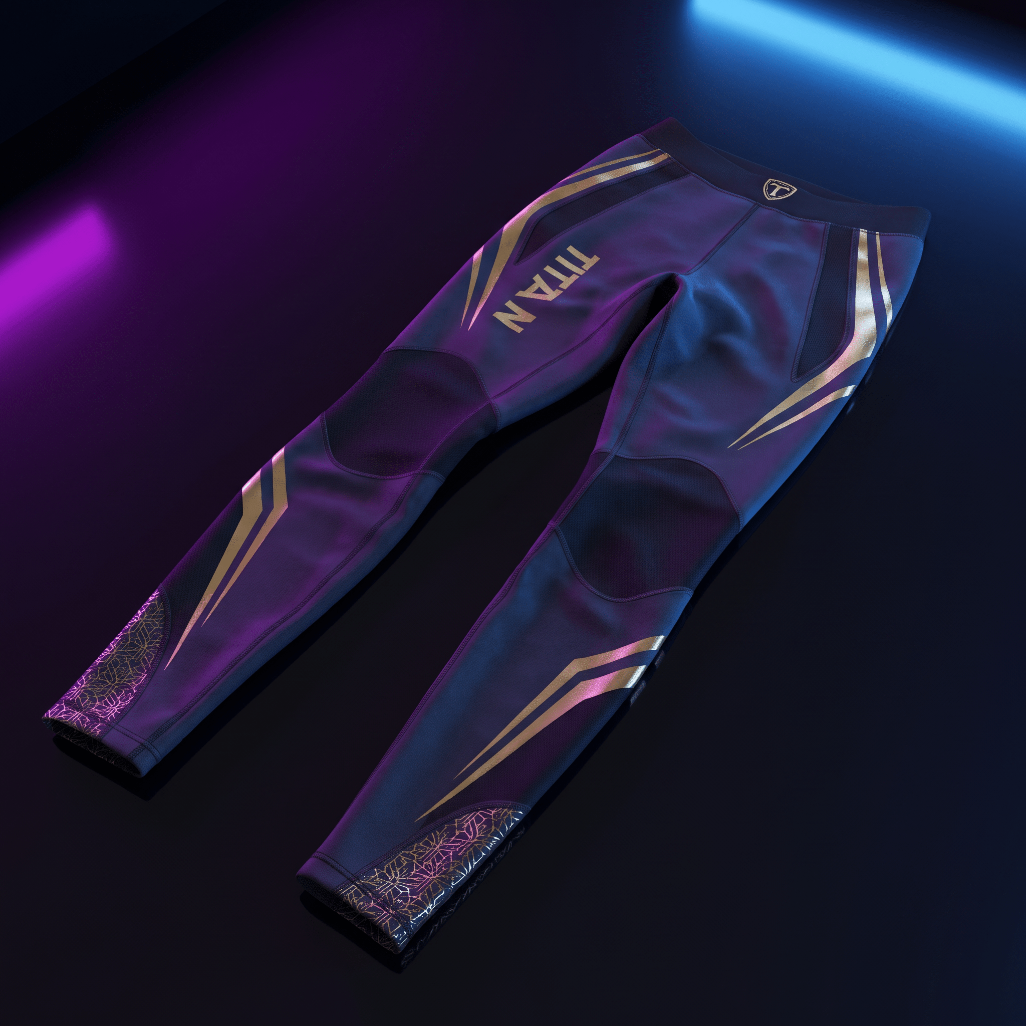 Dark blue athletic leggings with gold accent stripes, "TITAN" branding, and geometric patterns at the cuffs.