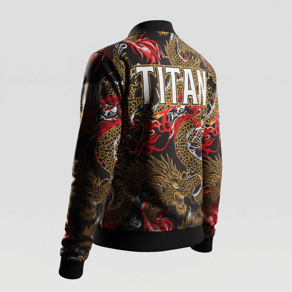 Rear view of a black bomber jacket with gold and red dragon print and the word TITAN across the back.
