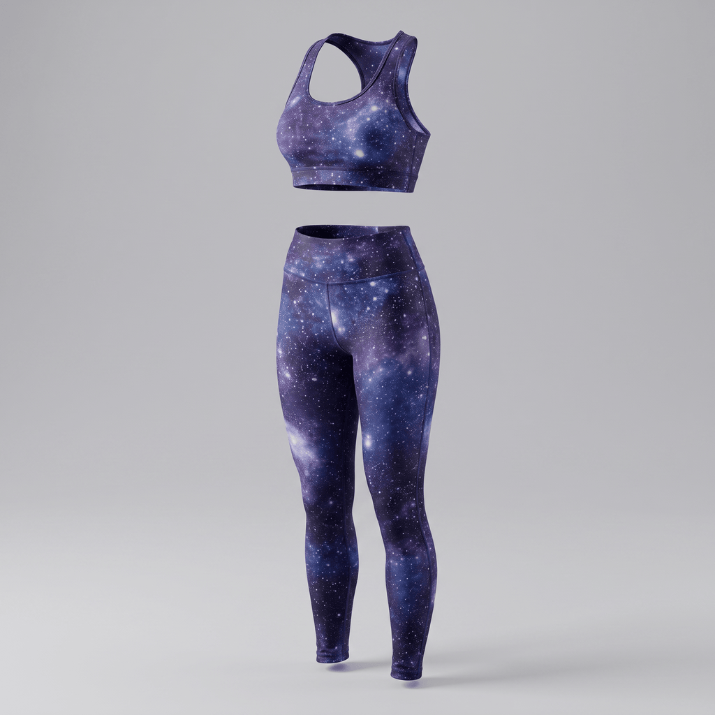 Purple galaxy print activewear set featuring a racerback sports bra and high-waisted leggings on a light grey background.