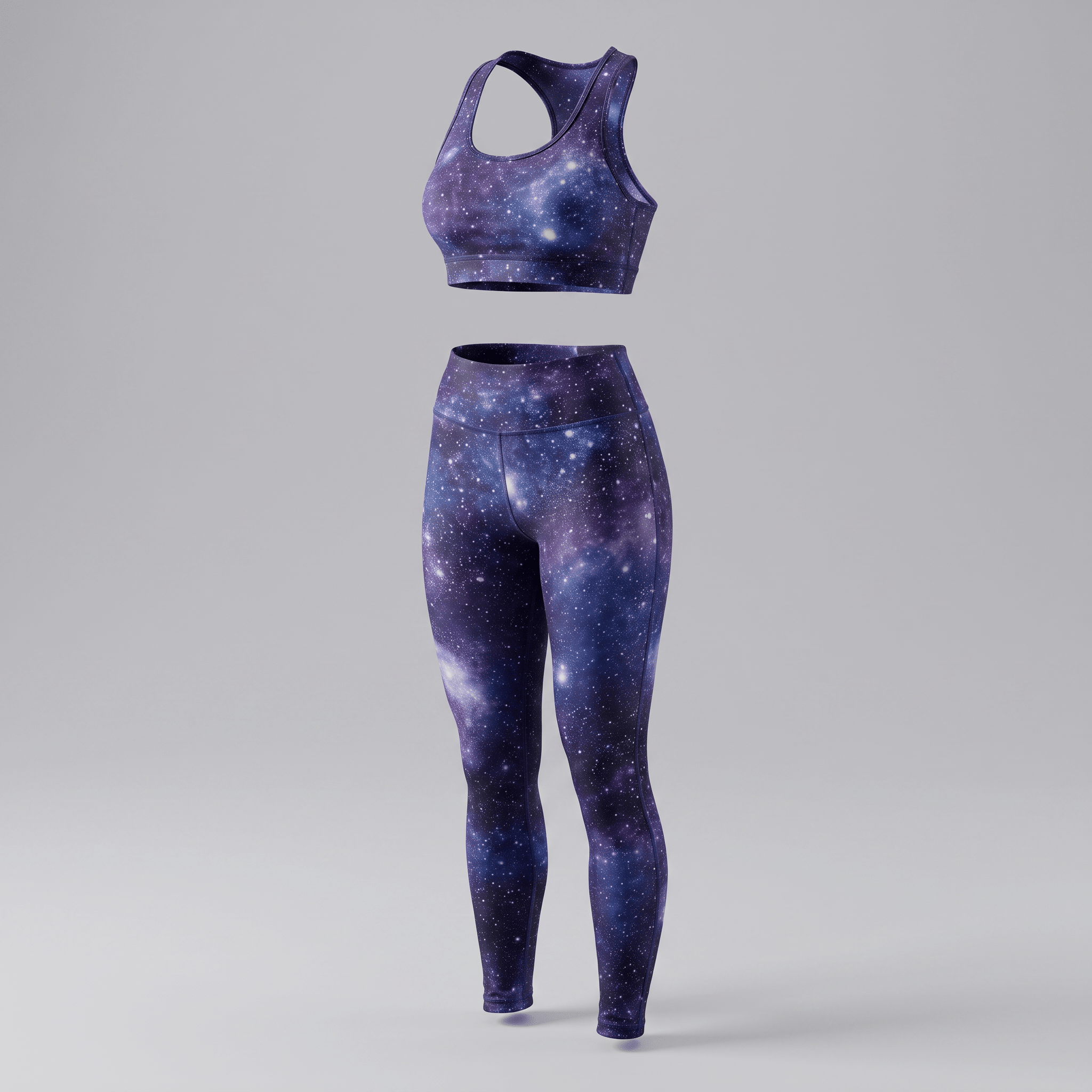 Purple galaxy print activewear set featuring a racerback sports bra and high-waisted leggings on a light grey background.