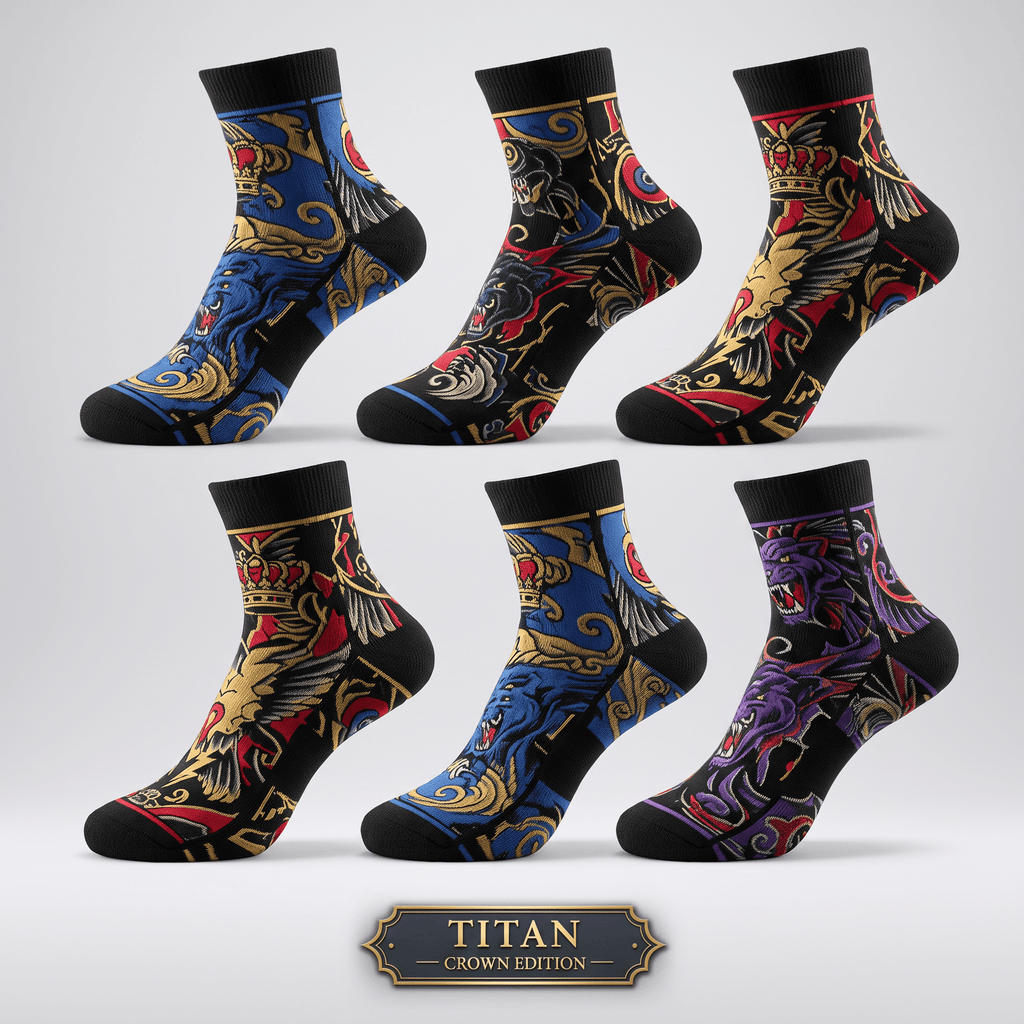 Six pairs of Titan Crown Edition crew socks featuring intricate tattoo-style designs in blue, black, red, and purple.