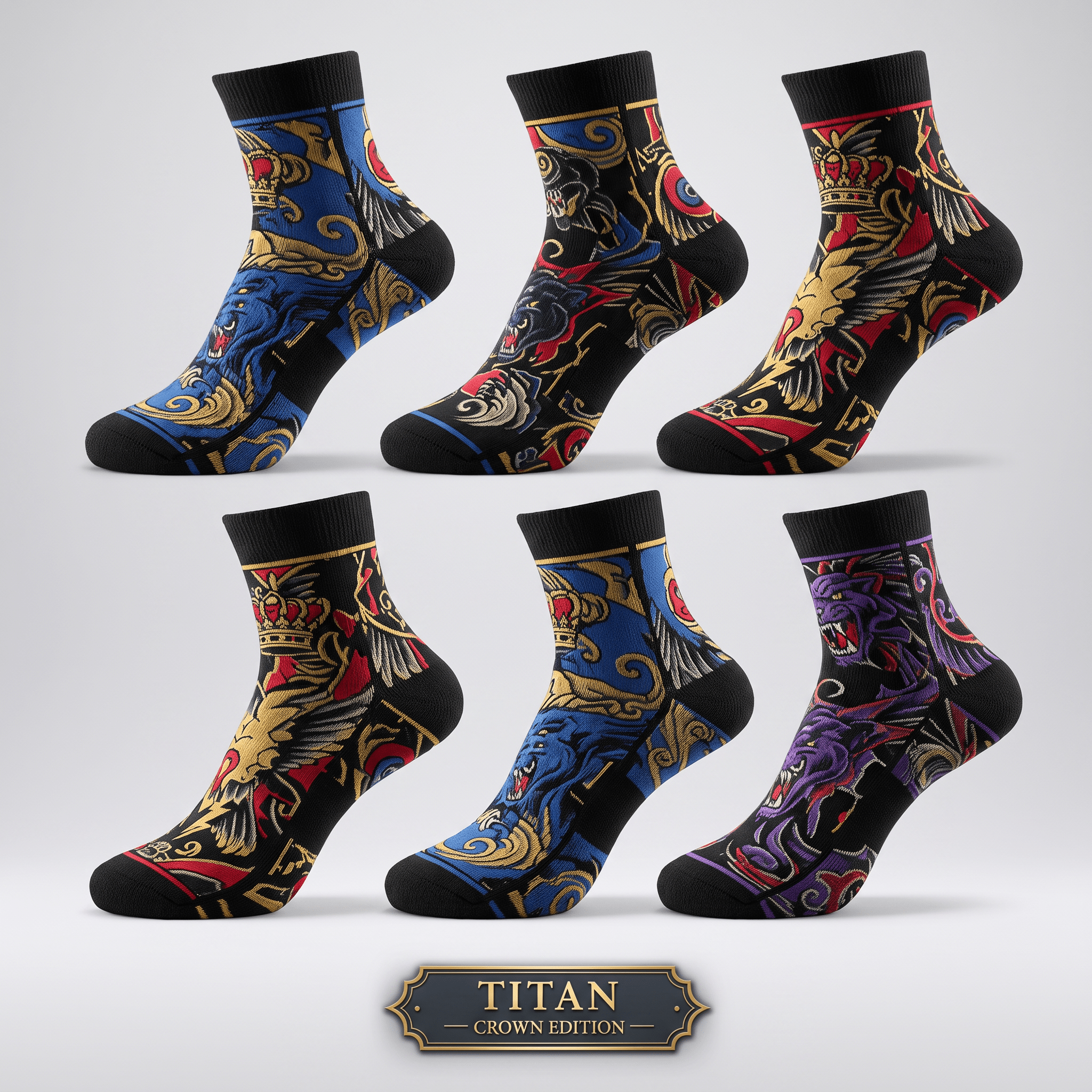 Six pairs of Titan Crown Edition crew socks featuring intricate tattoo-style animal and crown patterns.