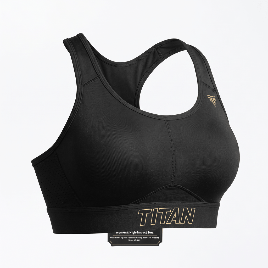 Black high-impact sports bra for women with gold Titan branding and racerback style.