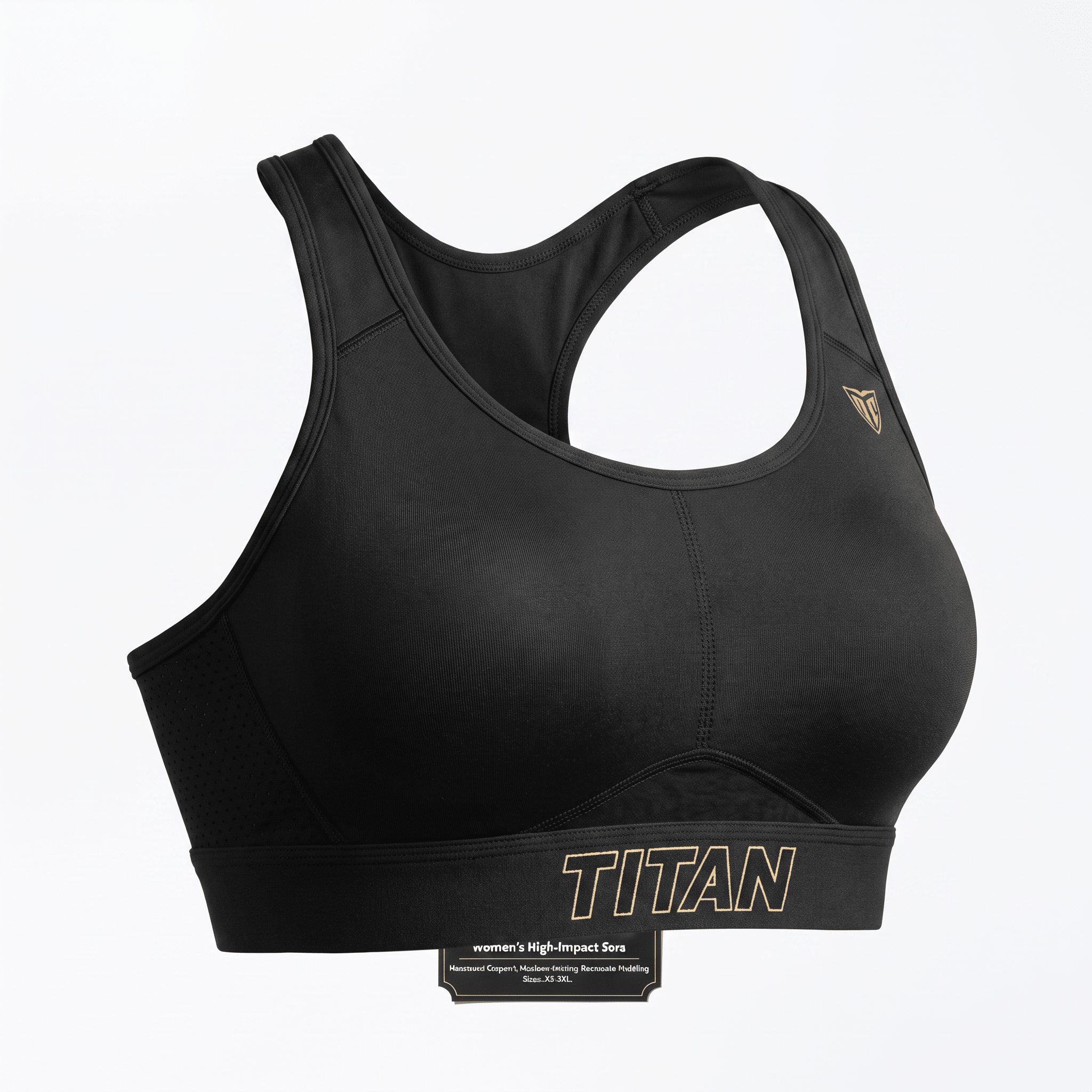 Black Titan women's high-impact racerback sports bra with gold logo text on the band.
