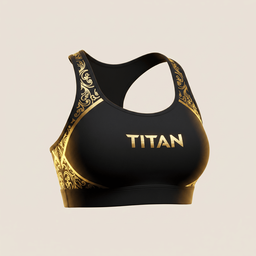 Black sports bra with gold filigree side panels and Titan logo on the front.