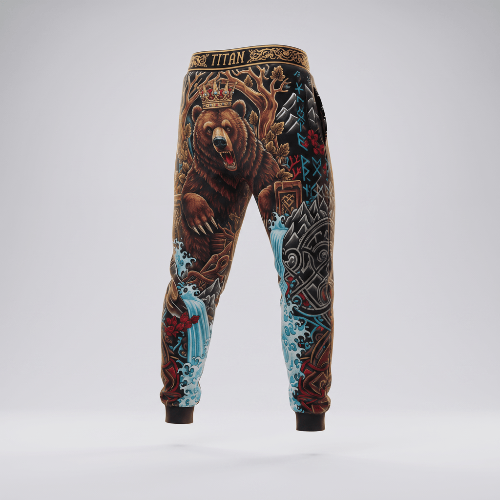 Black sweatpants featuring a crowned grizzly bear and Norse graphic design print.