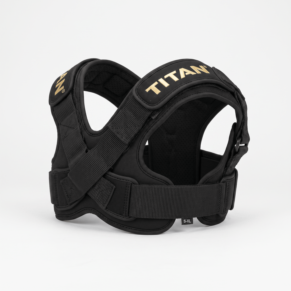 Black Titan lifting harness with gold lettering and adjustable straps on white background.