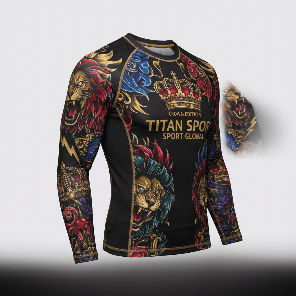 Black long-sleeve rash guard featuring a golden crown and fierce lion graphics in red, blue, and gold.