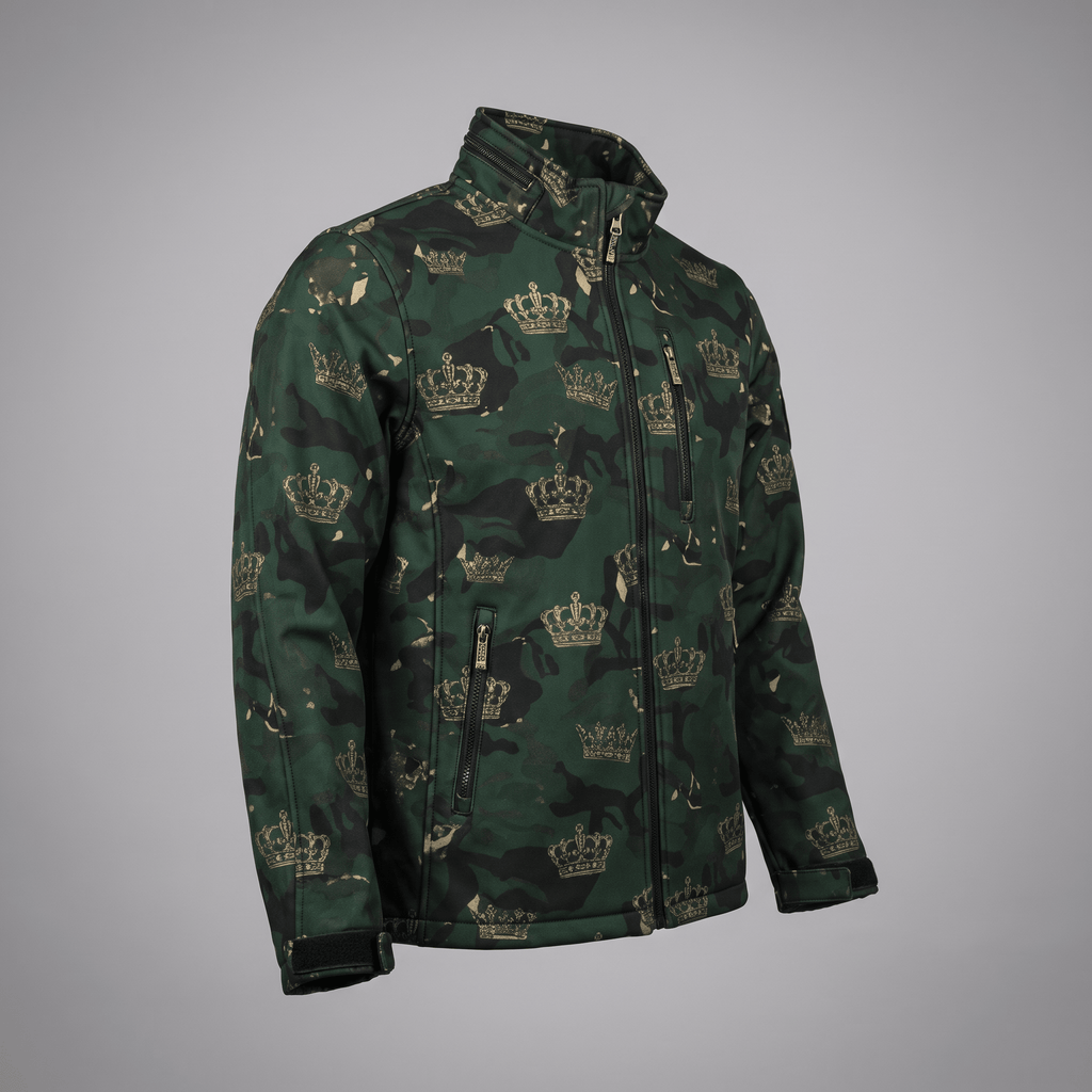Green camo softshell jacket with gold crown pattern, high collar, and zippered pockets.