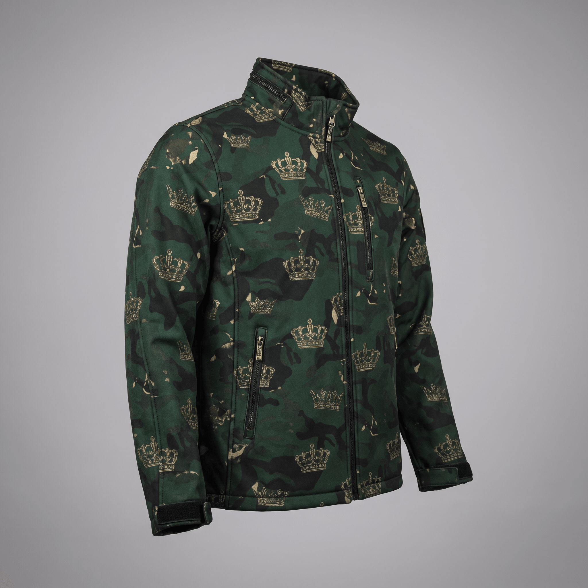 Green camo softshell jacket with gold crown pattern, high collar, and zippered pockets.