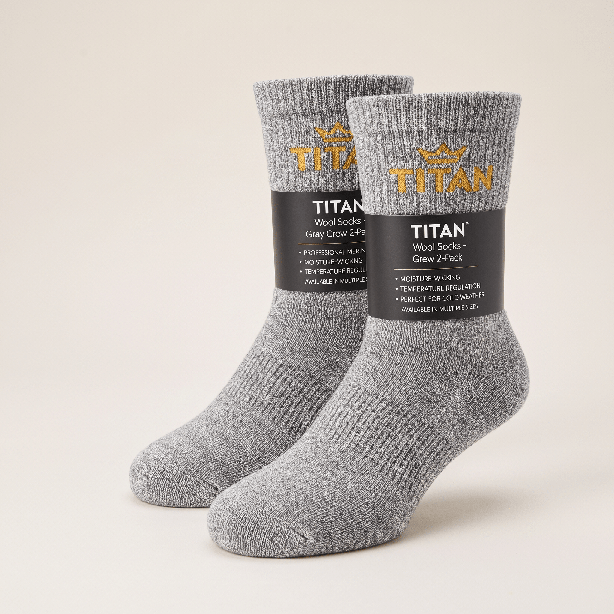 Titan gray wool crew socks in a 2-pack with black product packaging band.