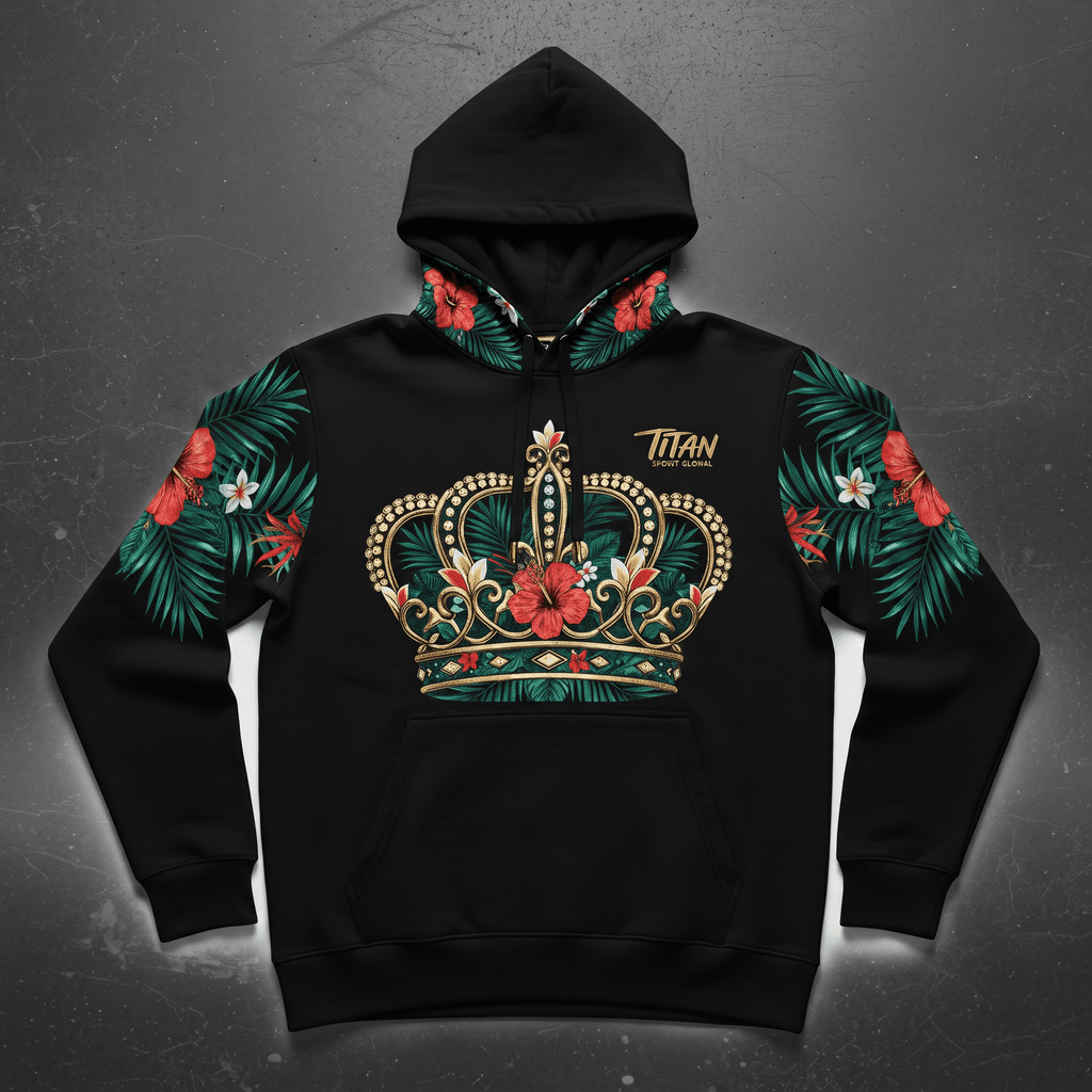 Black hoodie featuring a gold crown graphic, red hibiscus flowers, and green palm leaf accents on sleeves and hood.