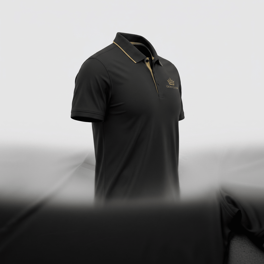 Black polo shirt with gold trim and crown logo on chest against light grey background.