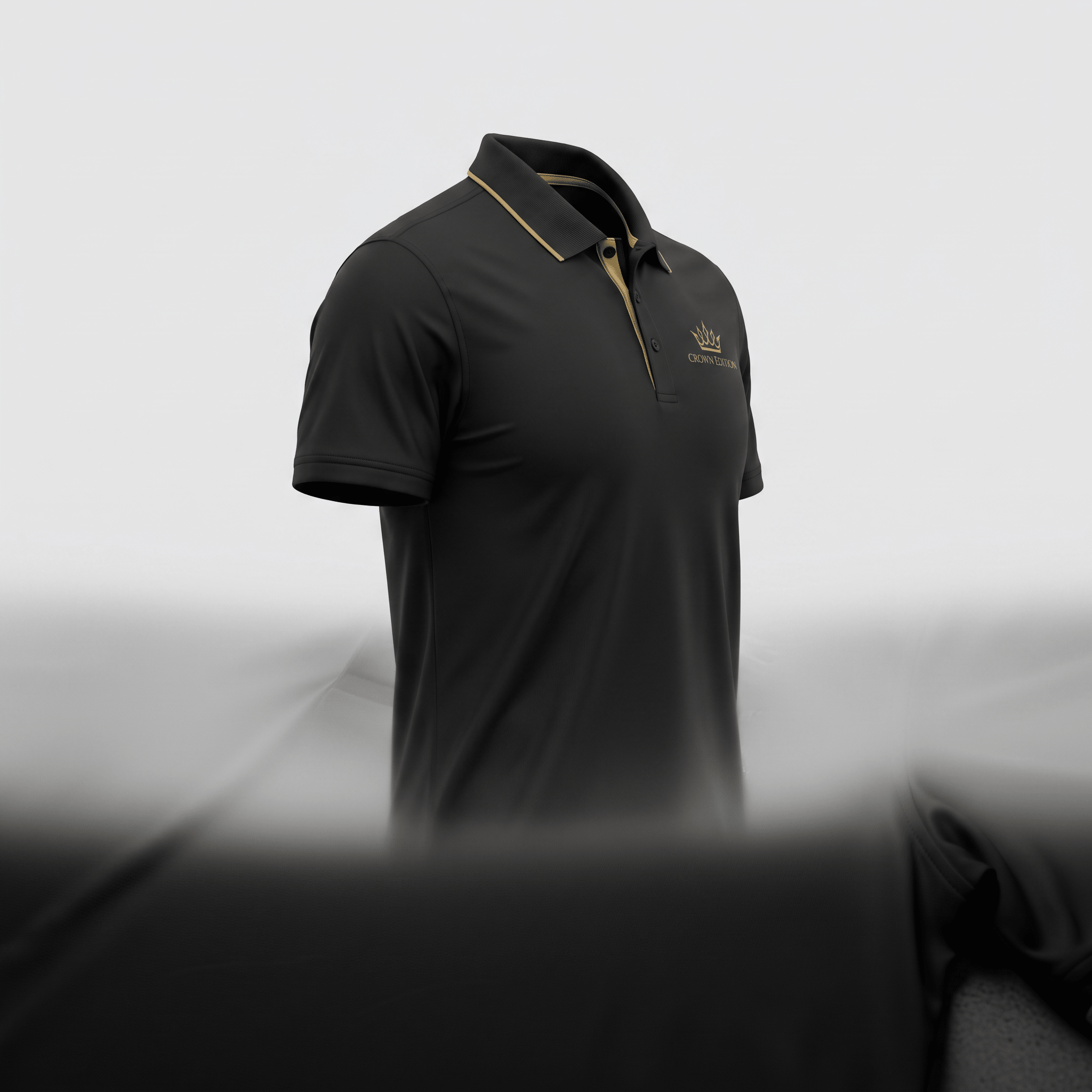 Black polo shirt with gold trim and crown logo on chest against light grey background.