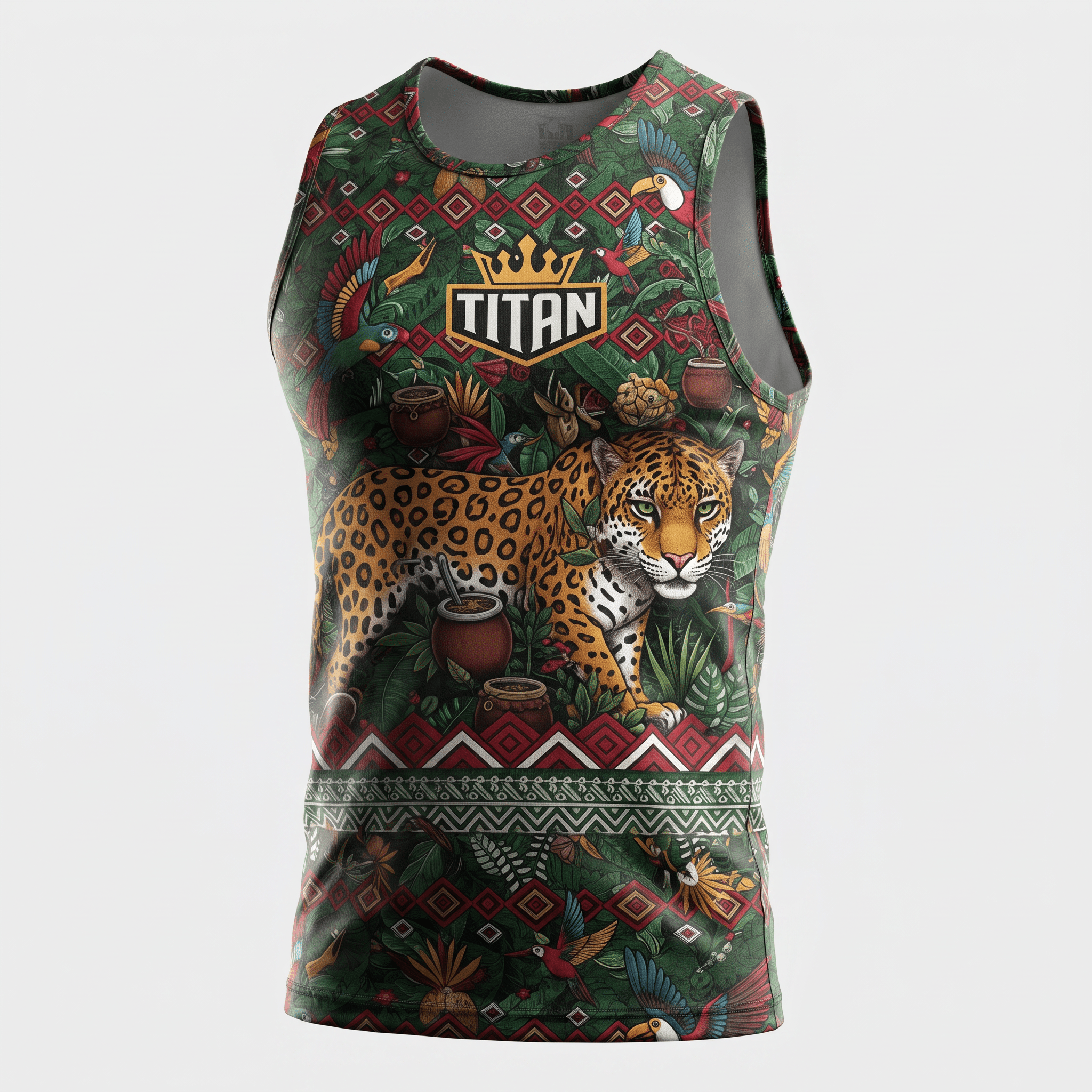Green athletic tank top featuring a vibrant jaguar print and Titan logo.