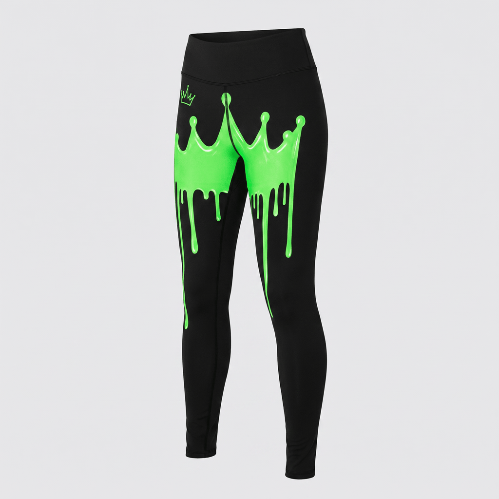 Black high-waisted leggings featuring a bright neon green dripping slime and crown graphic print on the front.