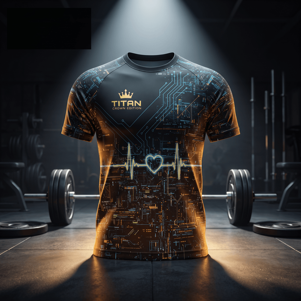 Black short-sleeve athletic shirt with neon circuit board patterns, heart EKG print, and gold "Titan" crown logo.