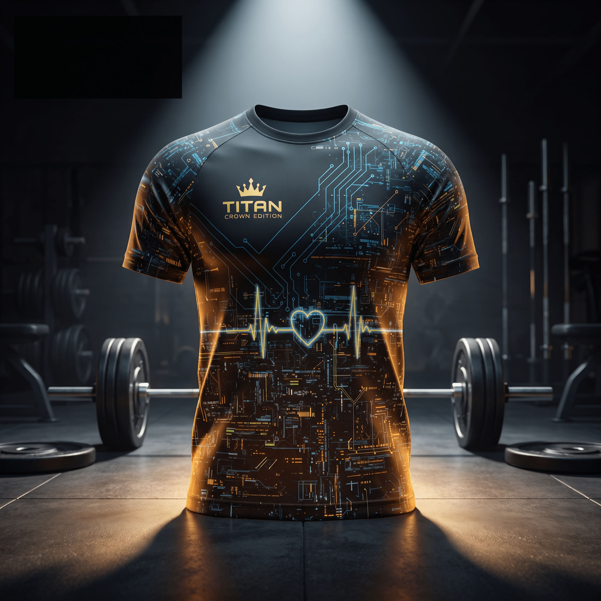 Black short-sleeve athletic shirt with neon circuit board patterns, heart EKG print, and gold "Titan" crown logo.