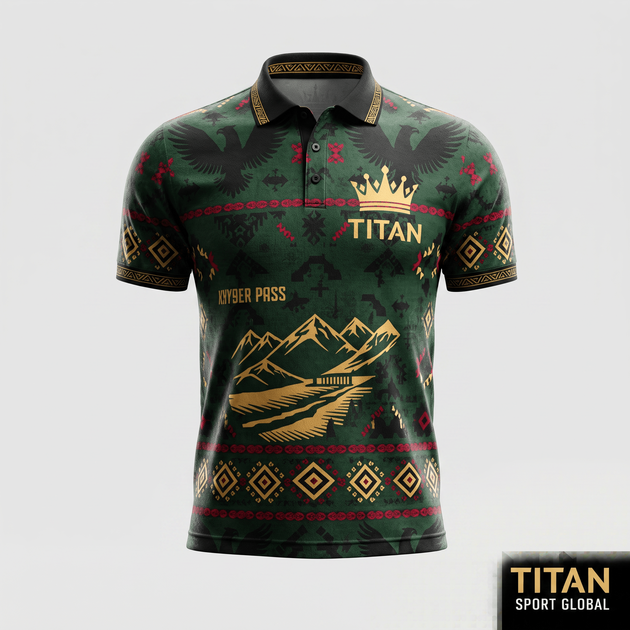 Green Titan Sport Global polo shirt with black collar, gold mountain graphics, and cultural motifs.