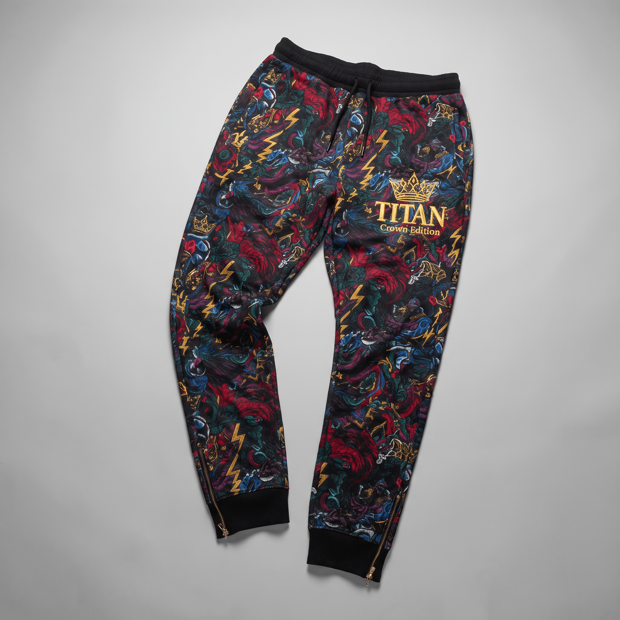 Black jogger sweatpants featuring a colorful graphic print, gold Titan Crown Edition logo, and ankle zippers.