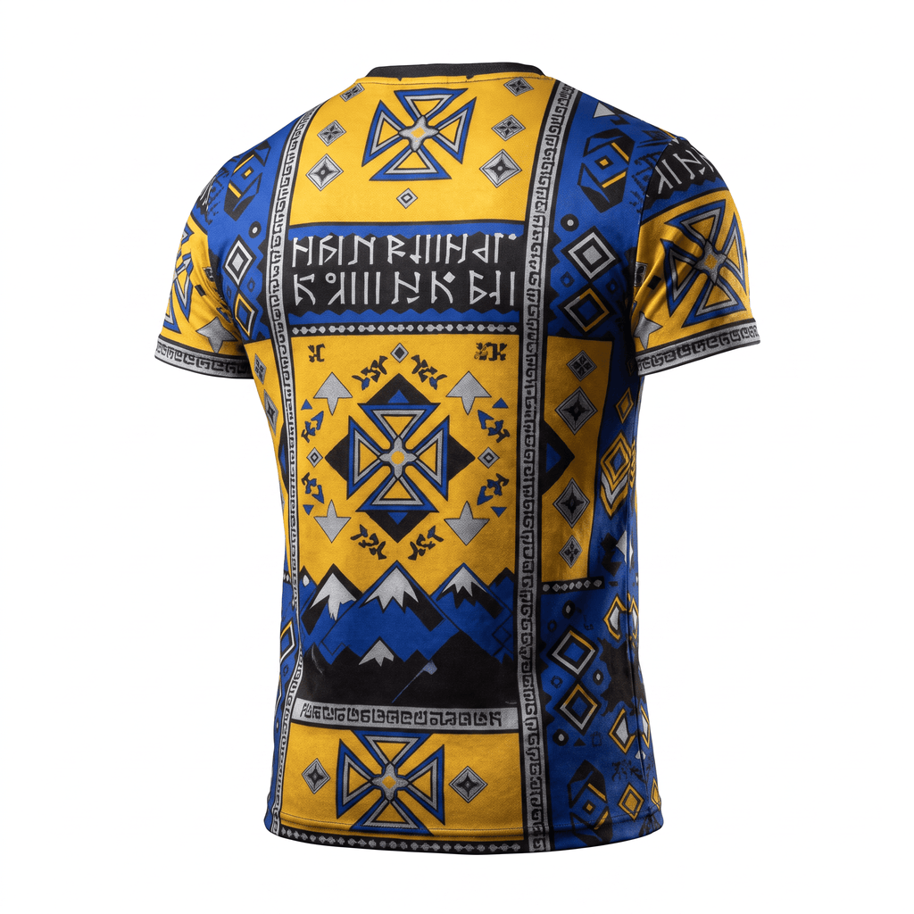 Back view of a blue and yellow short-sleeve t-shirt with Viking-style rune and mountain patterns.