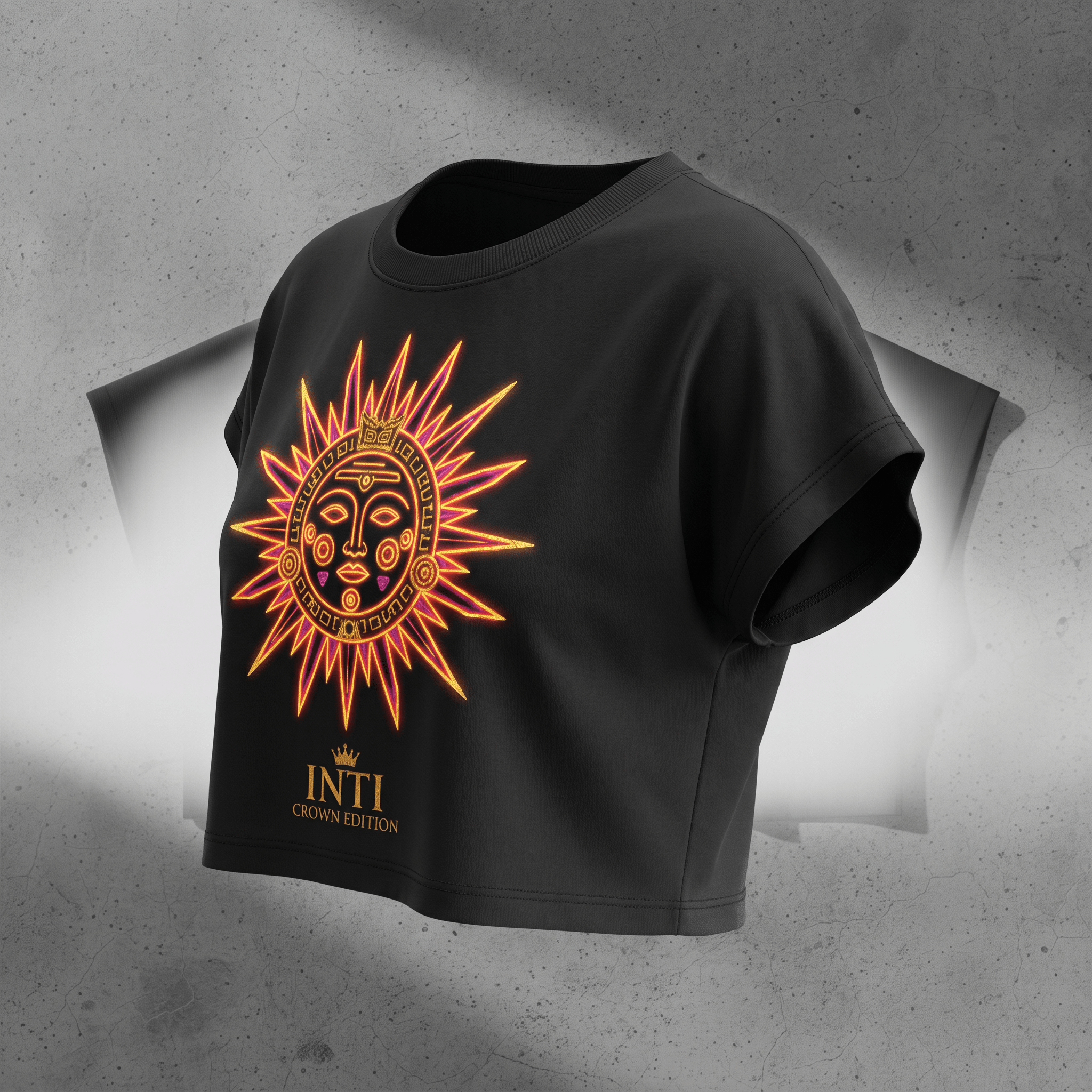 Black crop top with a glowing orange sun deity graphic and gold Inti Crown Edition text.