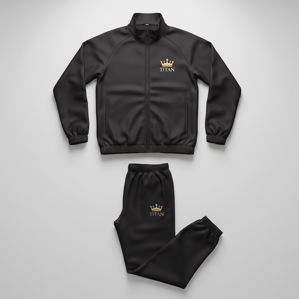 Black tracksuit with a gold Titan crown logo, featuring a zip-up jacket and matching joggers on a light background.