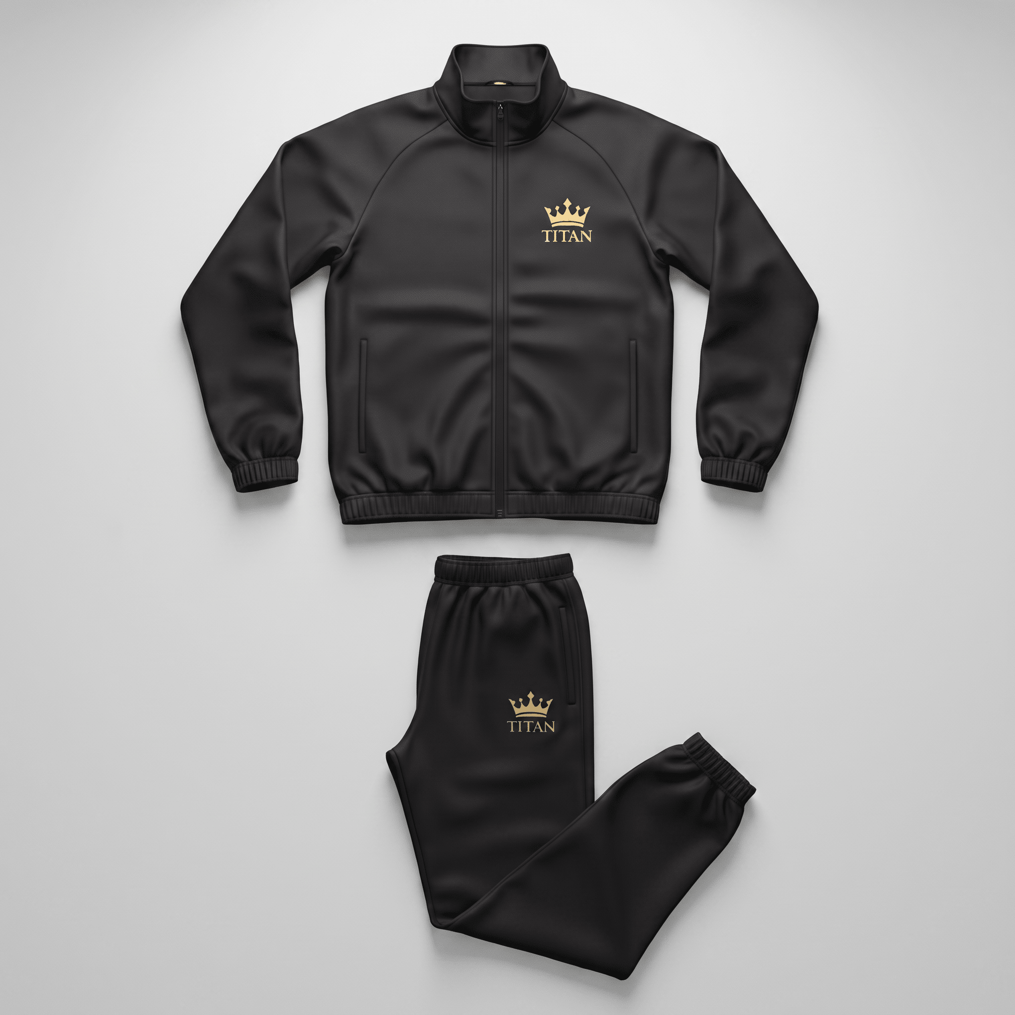 Black zip-up tracksuit with gold Titan crown logo, featuring jacket and matching sweatpants on light gray background.