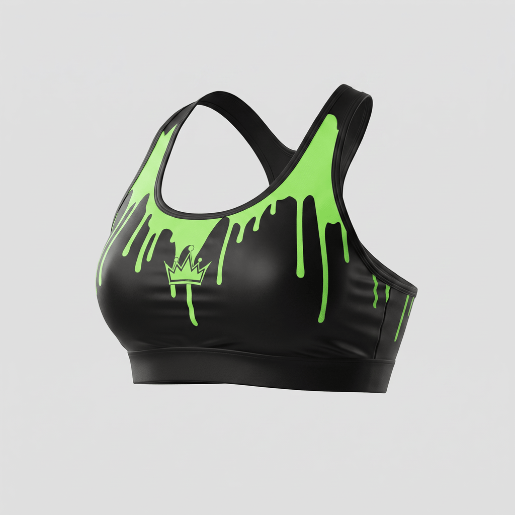 Black sports bra featuring a vibrant green neon slime drip design and a crown logo on the front.