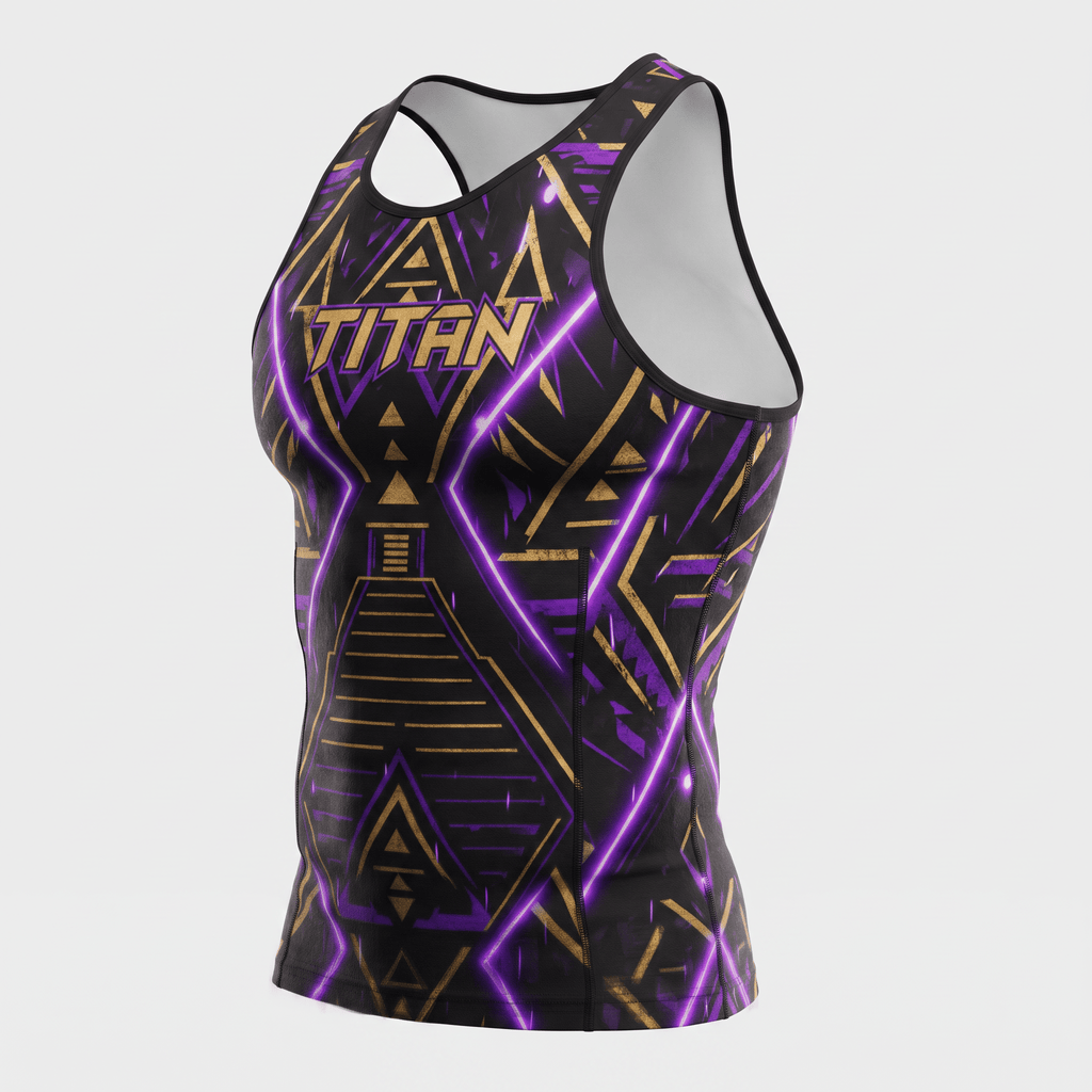 Black, purple, and gold Titan compression tank top with geometric neon laser graphics on a white background.