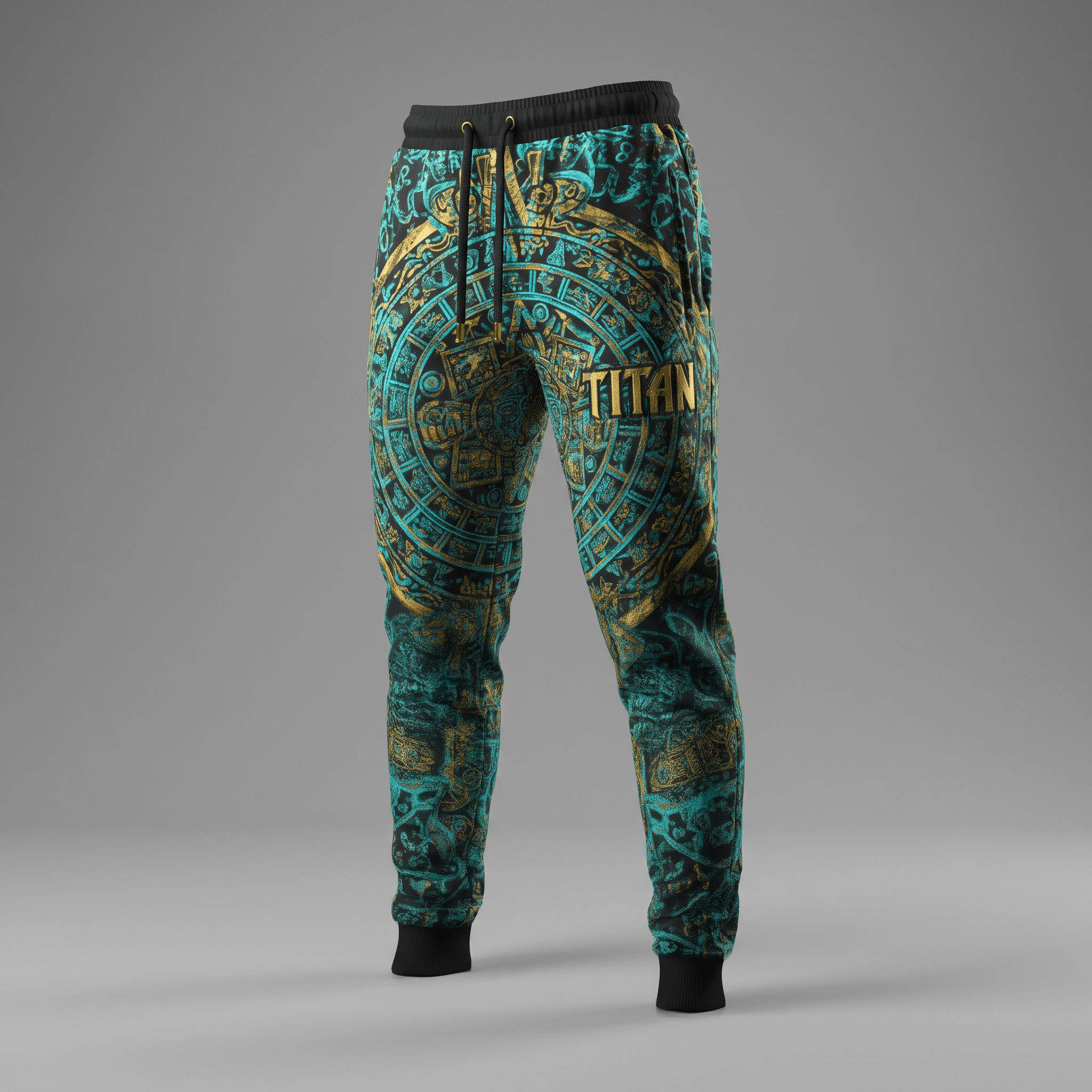 Teal and gold Aztec calendar print joggers with black waistband, drawstring, and cuffs.