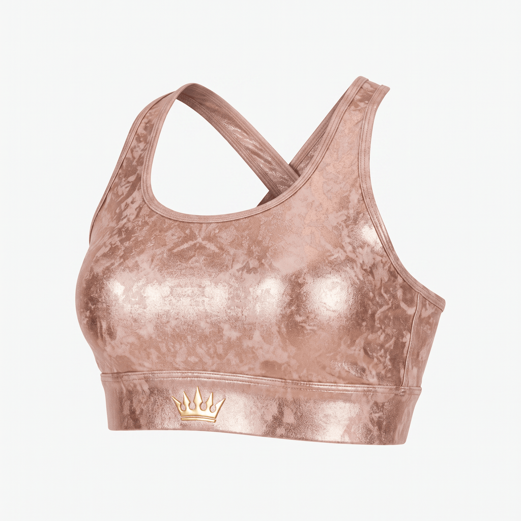 Rose gold metallic sports bra with marble print, crisscross straps, and gold crown logo on the underband.
