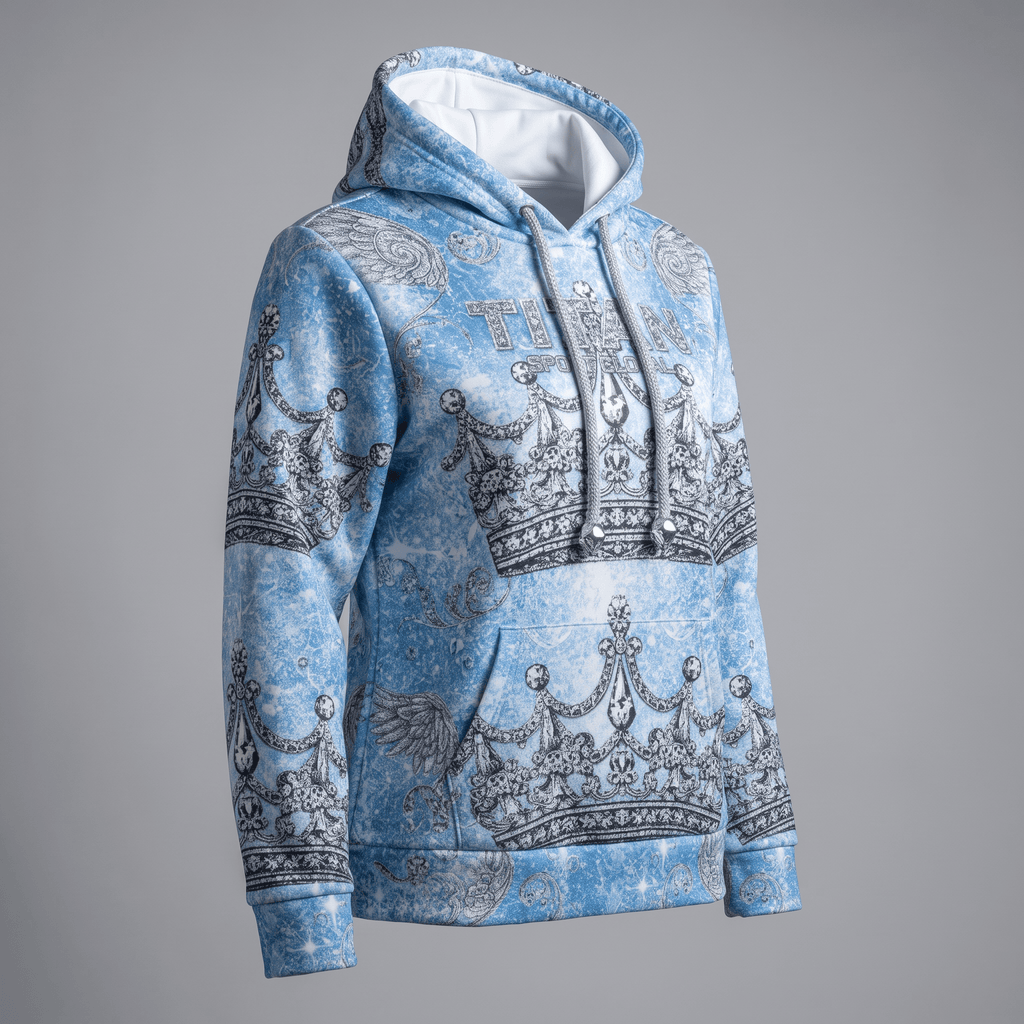Light blue hoodie with intricate crown and wing graphics, featuring a front pocket and drawstring hood.