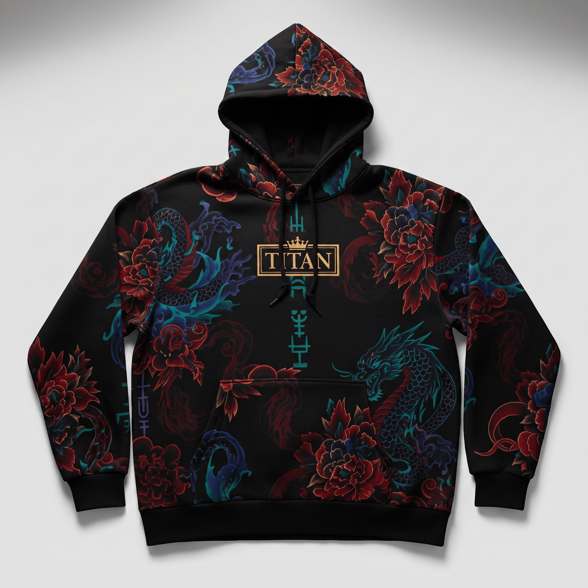 Black hoodie with a red floral and blue dragon print, featuring a centered gold Titan logo.
