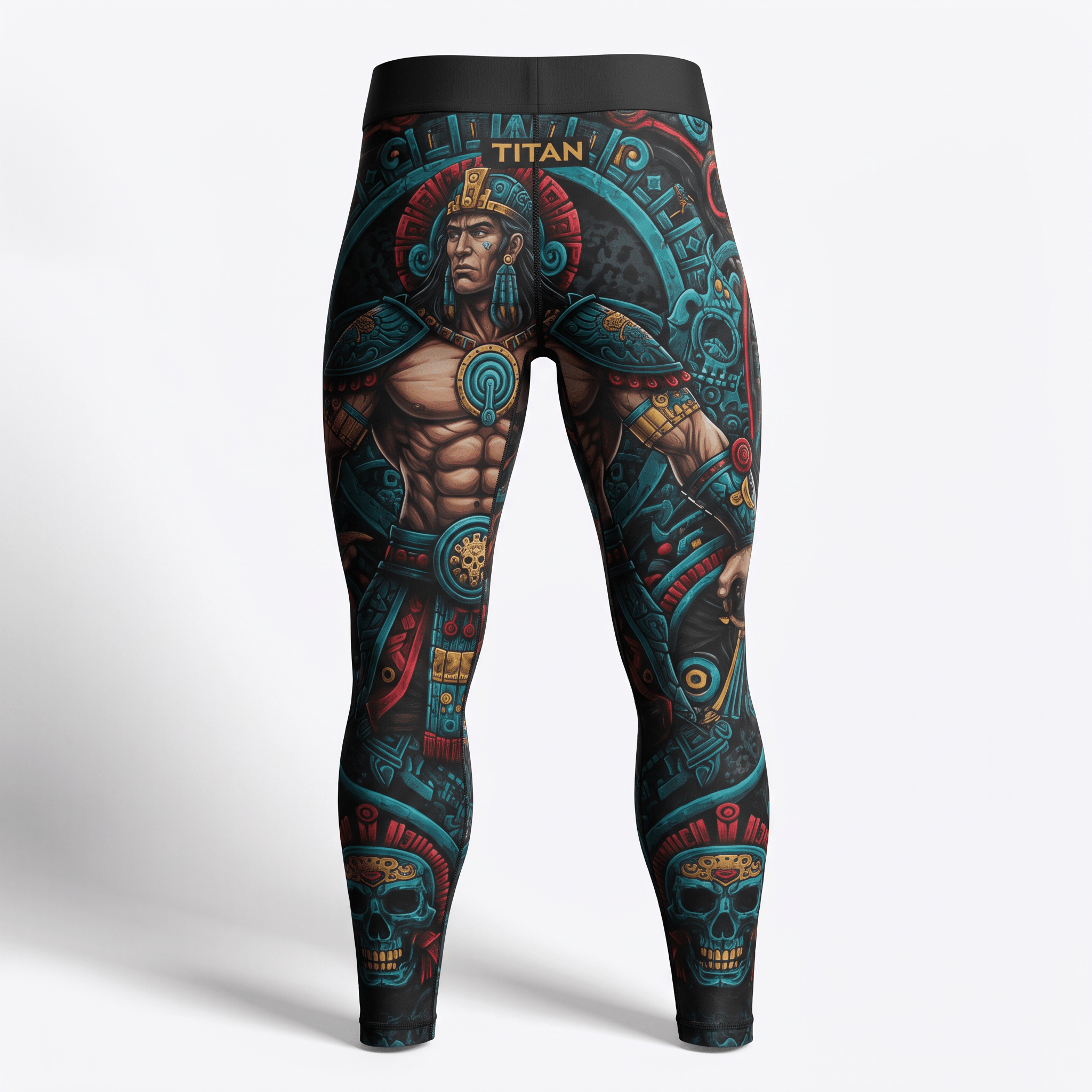 Back view of athletic leggings featuring a colorful Aztec warrior graphic in blue and red.
