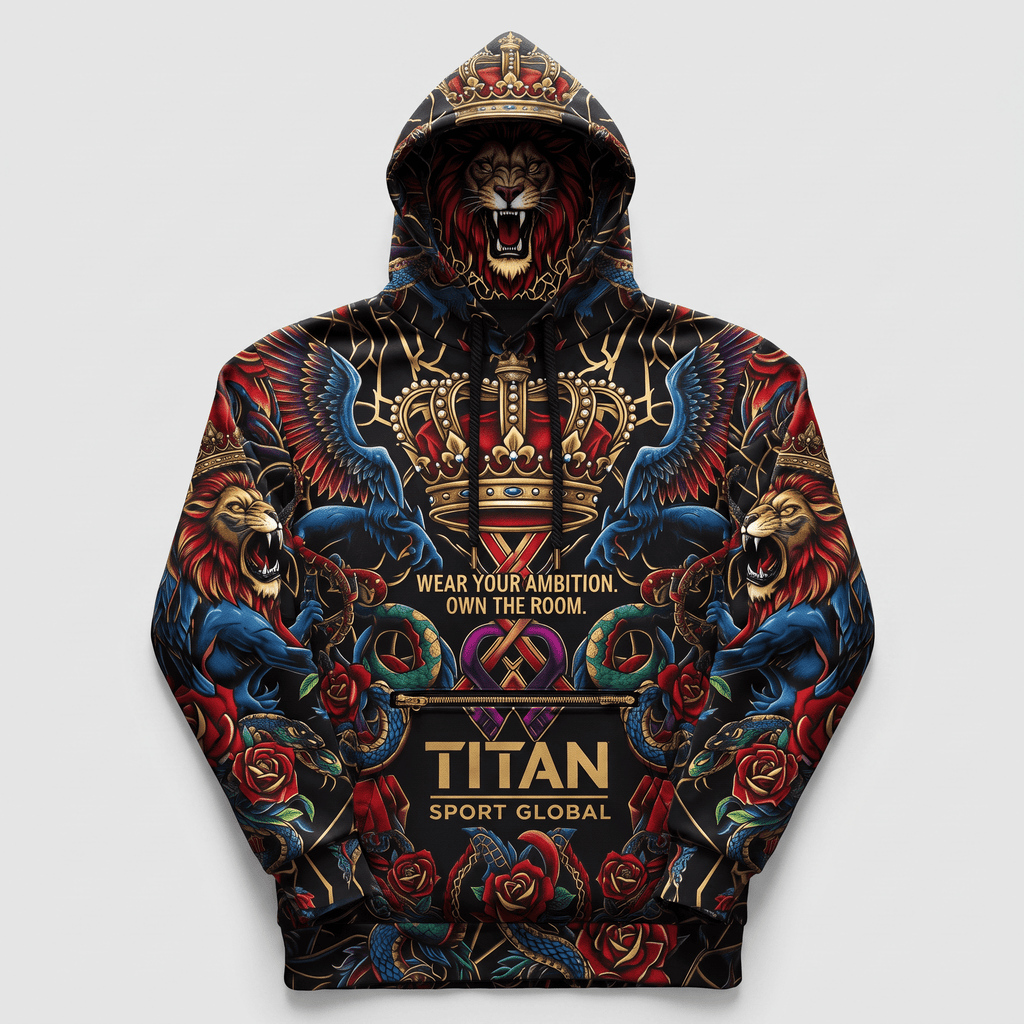 Black pullover hoodie with elaborate red, blue, and gold lion, crown, and rose graphic print.